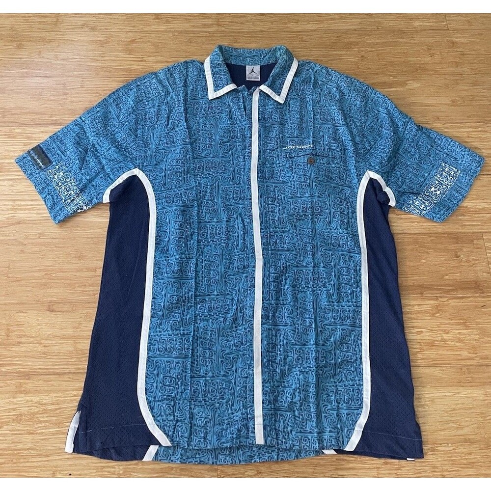 Vintage 90s Jordan Button Up Shirt Mens L Blue Tribal Jumpman Y2K